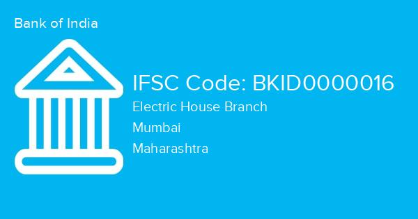 Bank of India, Electric House Branch IFSC Code - BKID0000016