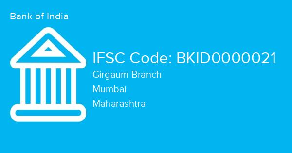 Bank of India, Girgaum Branch IFSC Code - BKID0000021