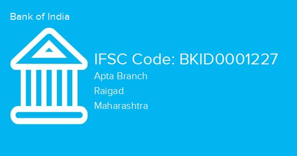 Bank of India, Apta Branch IFSC Code - BKID0001227