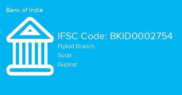 Bank of India, Piplod Branch IFSC Code - BKID0002754