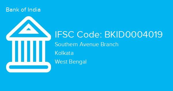 Bank of India, Southern Avenue Branch IFSC Code - BKID0004019