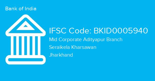 Bank of India, Mid Corporate Adityapur Branch IFSC Code - BKID0005940
