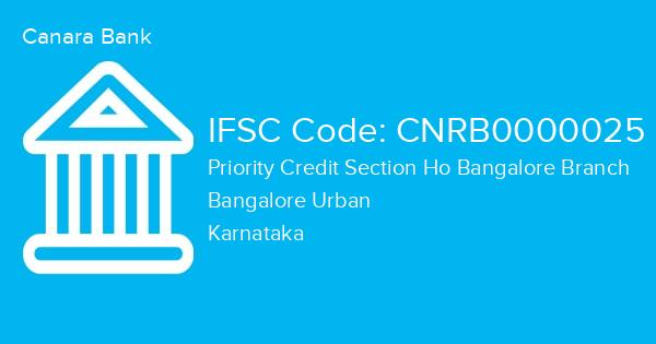 Canara Bank, Priority Credit Section Ho Bangalore Branch IFSC Code - CNRB0000025