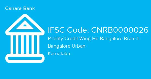 Canara Bank, Priority Credit Wing Ho Bangalore Branch IFSC Code - CNRB0000026