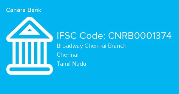 Canara Bank, Broadway Chennai Branch IFSC Code - CNRB0001374