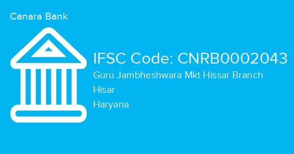Canara Bank, Guru Jambheshwara Mkt Hissar Branch IFSC Code - CNRB0002043