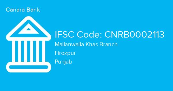 Canara Bank, Mallanwalla Khas Branch IFSC Code - CNRB0002113
