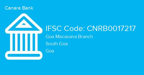Canara Bank, Goa Macasana Branch IFSC Code - CNRB0017217