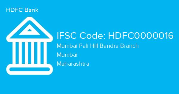 HDFC Bank, Mumbai Pali Hill Bandra Branch IFSC Code - HDFC0000016