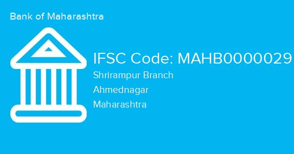 Bank of Maharashtra, Shrirampur Branch IFSC Code - MAHB0000029
