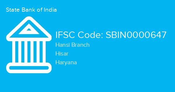 State Bank of India, Hansi Branch IFSC Code - SBIN0000647