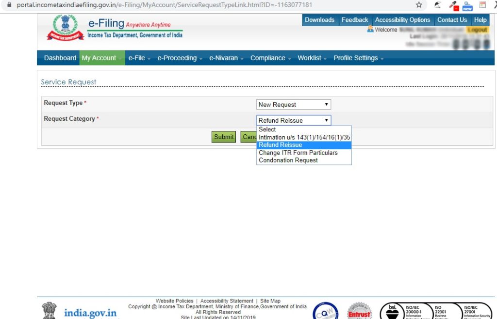 ITR Refund Request Re-Issue Step 2