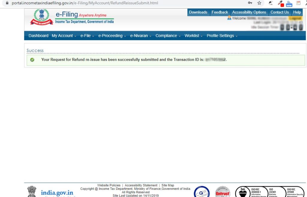 ITR Refund Request Re-Issue Success
