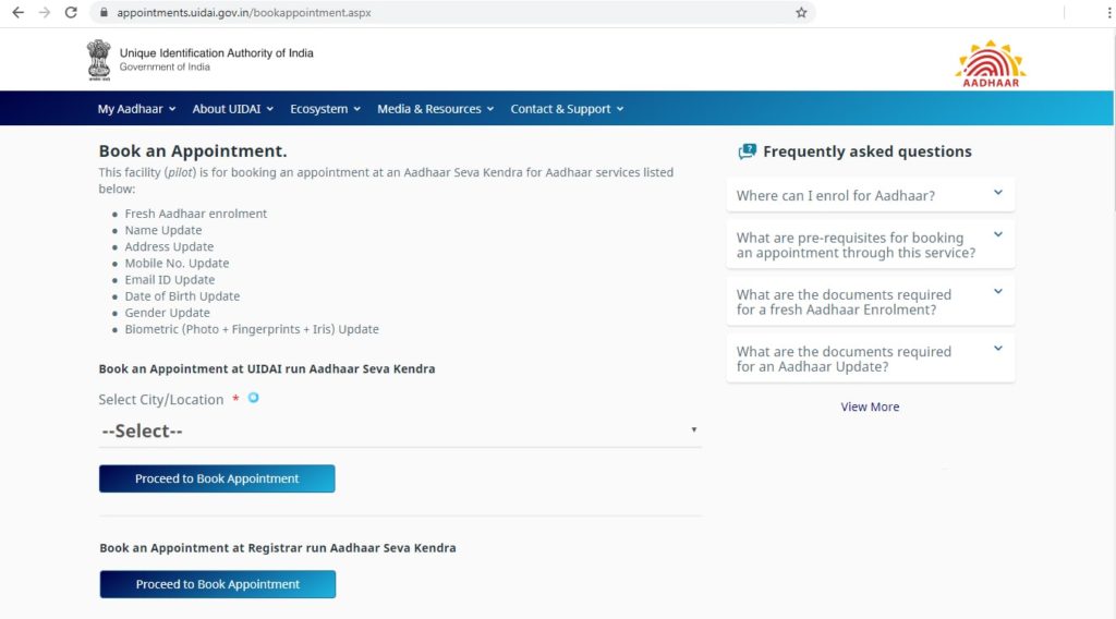 steps to book aadhaar appointment online