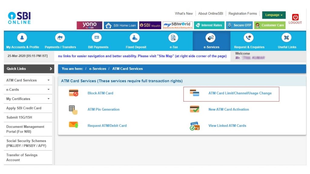 Activating SBI Debit Card for Online Purchase step 1