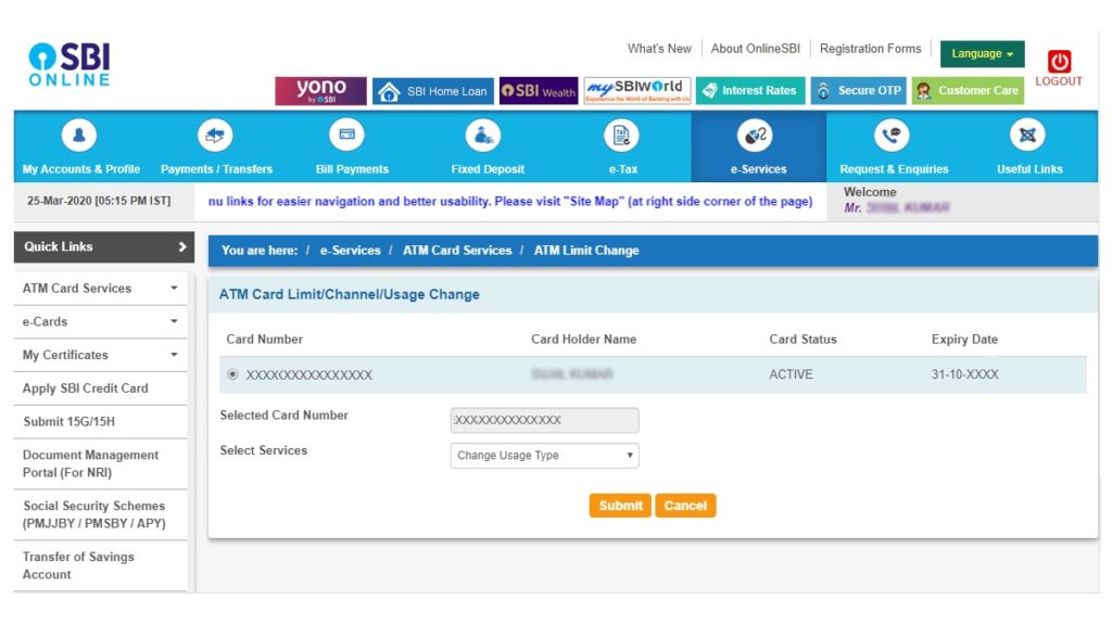 activating SBI Debit Card for Online Purchase step 2