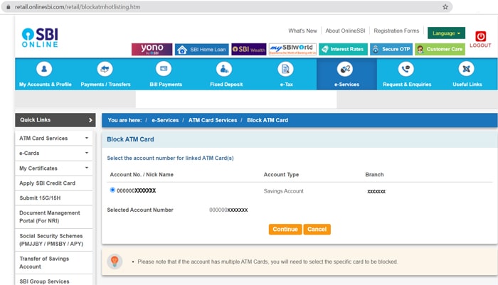 SBI Debit Card Cancel Step 3