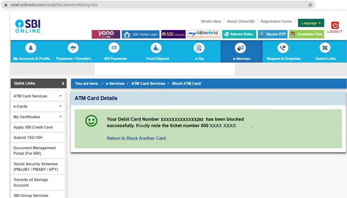 SBI Debit Card Cancel Step 8