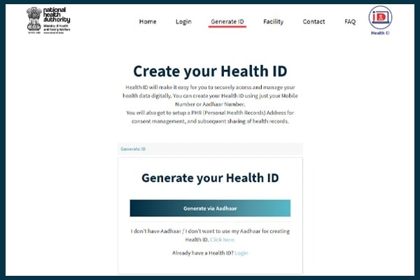 Ayushman Bharat Digital Mission- Register, Create Health ID, Digital Health Ecosystem main page step-1