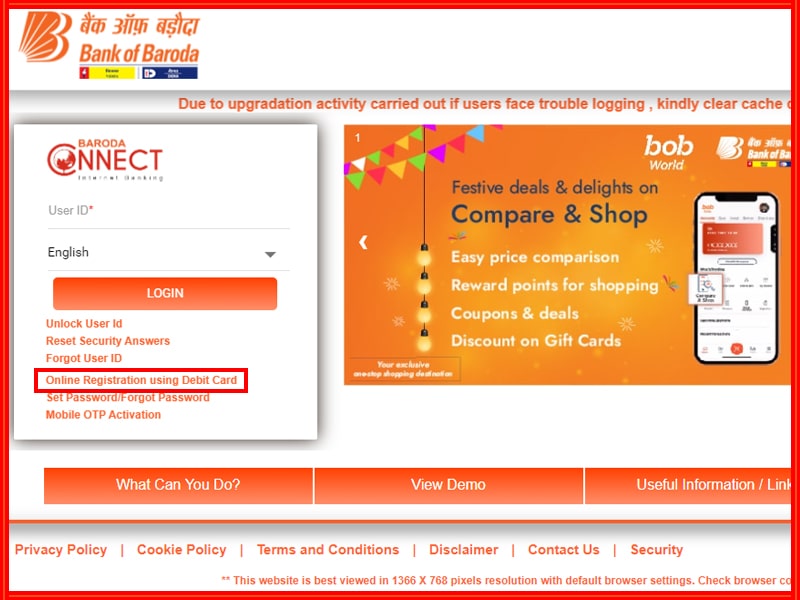 Bank of Baroda net banking main page